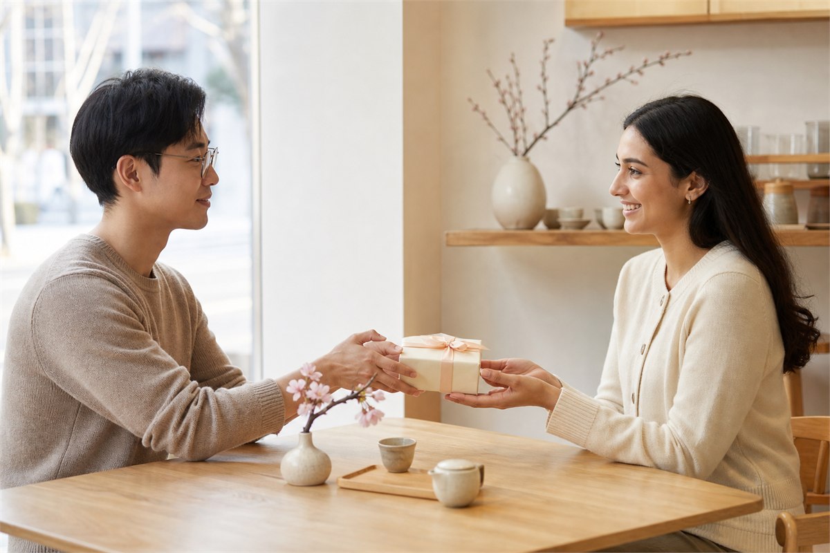 One adult offers another a small neutral gift box at a café while both maintain relaxed body language