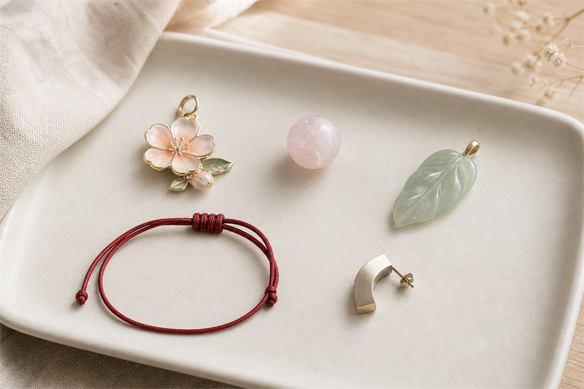 A blossom enamel pendant, rose quartz bead, pale jade leaf, red cord bracelet, and metal earring on an ivory tray