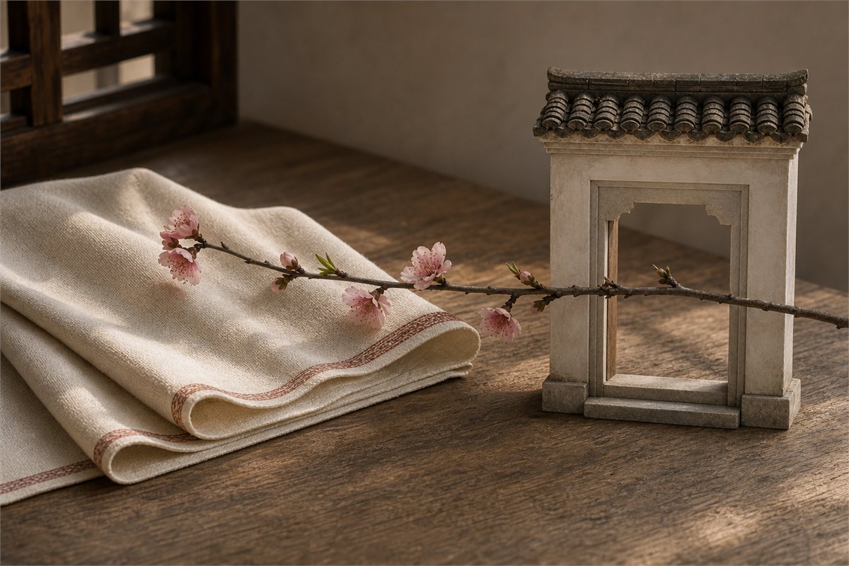 A flowering peach branch links a folded ceremonial textile and a small empty courtyard-gate model on a wooden table