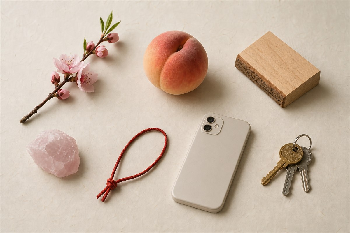Peach blossoms, a peach fruit, peach wood, a pink stone, red cord, phone, and keys arranged as separate categories