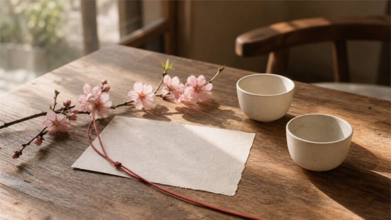 A peach blossom branch above an ivory paper invitation, a red cord, and two empty tea cups in warm spring light