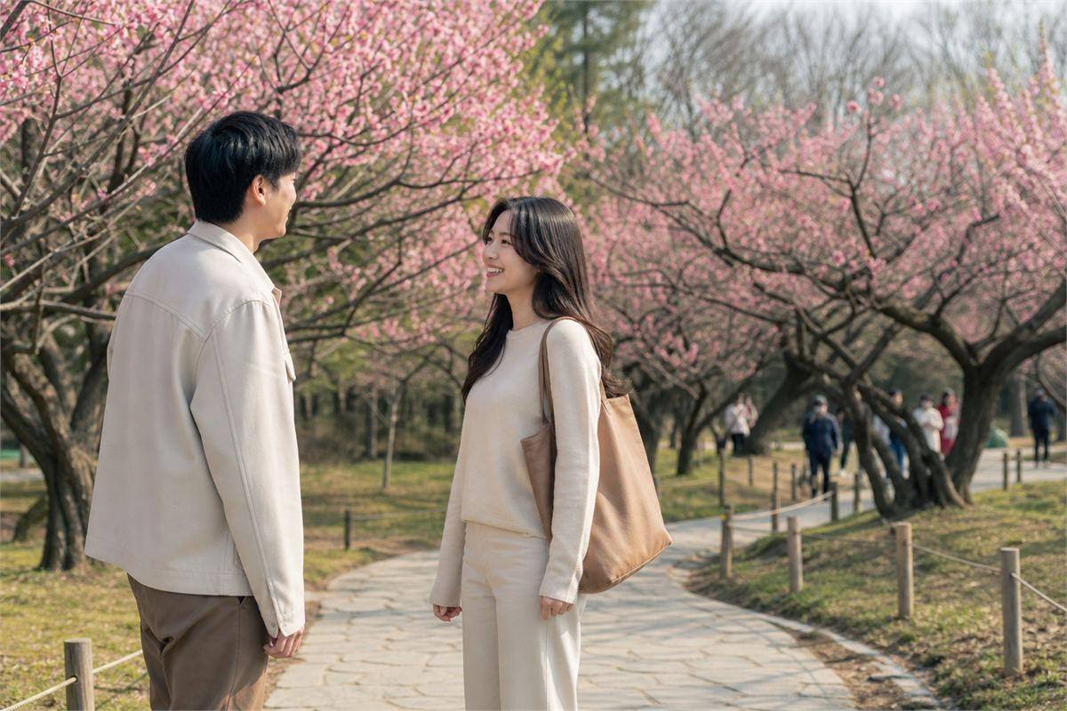 Two adults greeting in a public garden near blooming peach trees on a bright spring afternoon