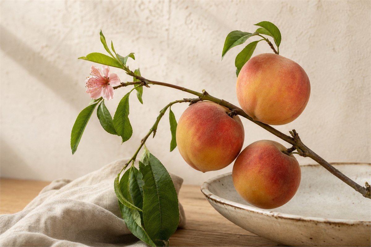 Three ripe peaches on a leafy branch with a small peach blossom in natural light