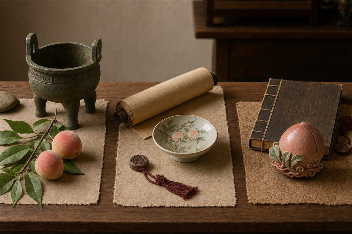Museum-study table with a bronze vessel and peach branch, blank scroll and peach dish, and closed Ming-style book with peach carving