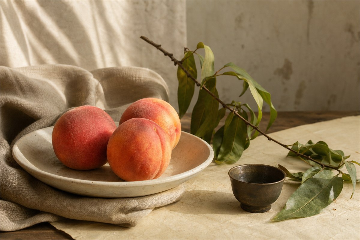 Three ripe peaches with a leafy branch, ceramic dish, linen, and a small bronze cup