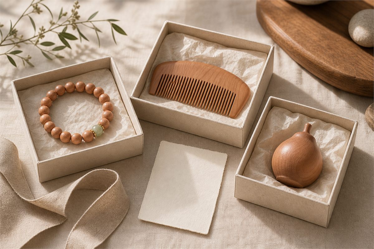 Adult gift set with a peach-wood comb, bracelet, pendant, and small carving in simple boxes