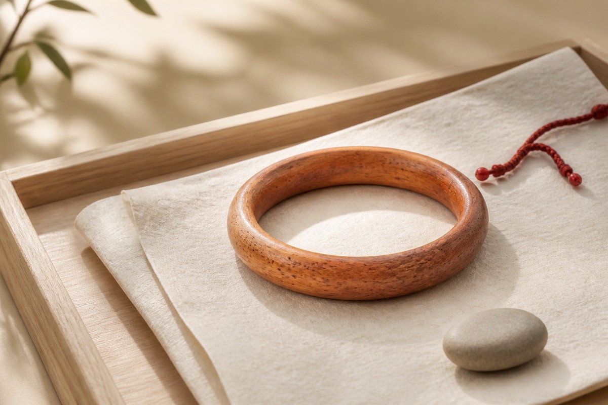 A peach wood bangle bracelet on folded parchment with a small red cord and smooth stone