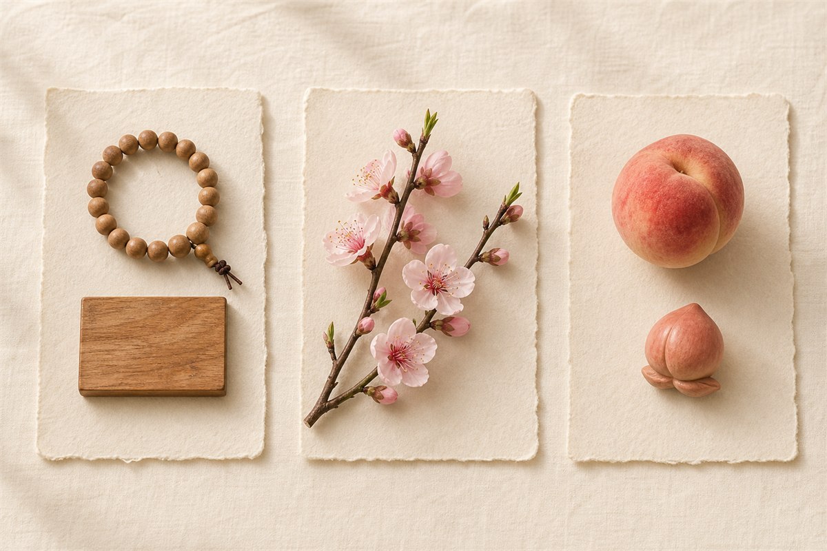 Peach-wood carving, peach blossoms, and a longevity peach motif shown as three separate symbols