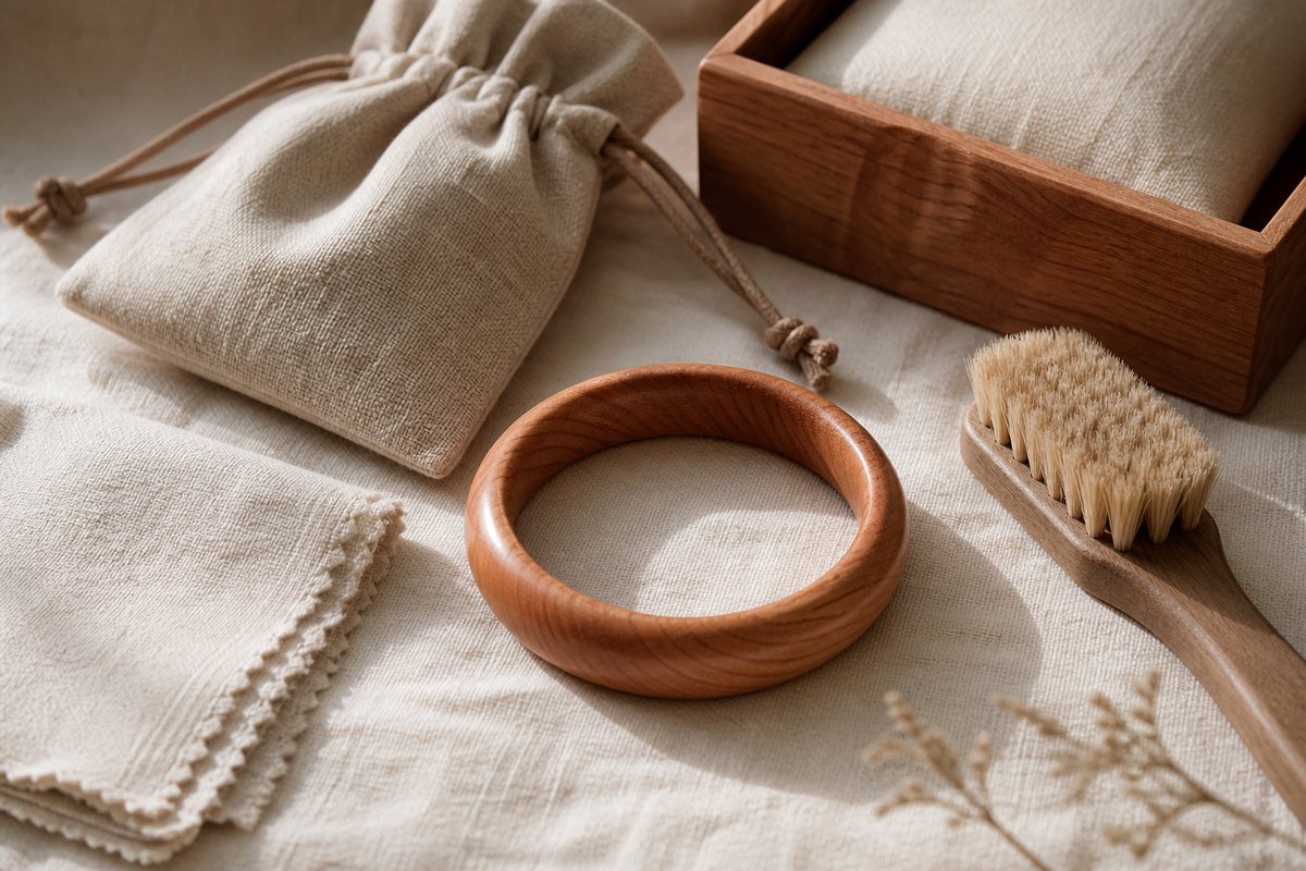 A peach wood bangle bracelet on soft cotton with a polishing cloth, linen pouch, and dry brush nearby