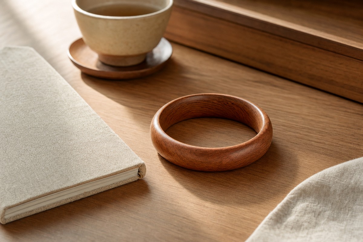 A peach wood bangle bracelet beside a notebook, ceramic cup, and neutral desk objects