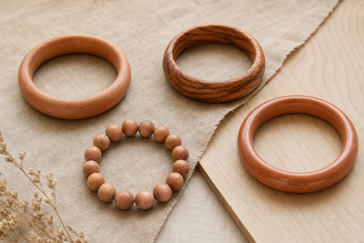 Several peach wood bracelet styles arranged on neutral linen to compare grain, tone, beads, and lacquer finish