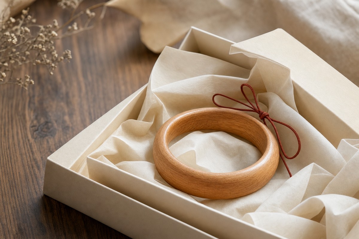A peach wood bracelet in a warm ivory gift box with folded paper and a muted red cord