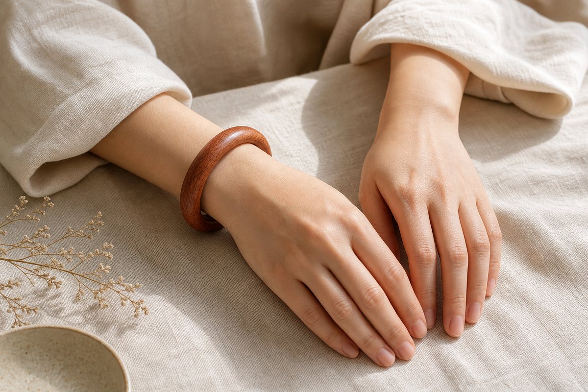 Two relaxed wrists on neutral linen with a peach wood bracelet worn on one wrist