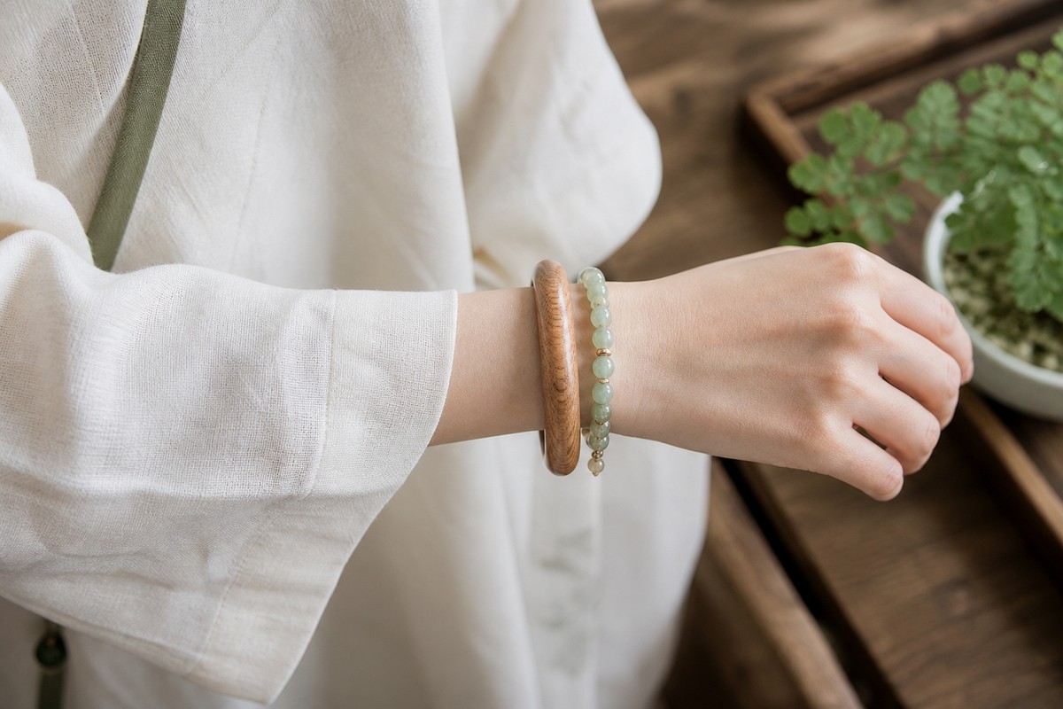 A peach wood bracelet worn with off white linen and a muted jade bead accent in a modern Eastern style