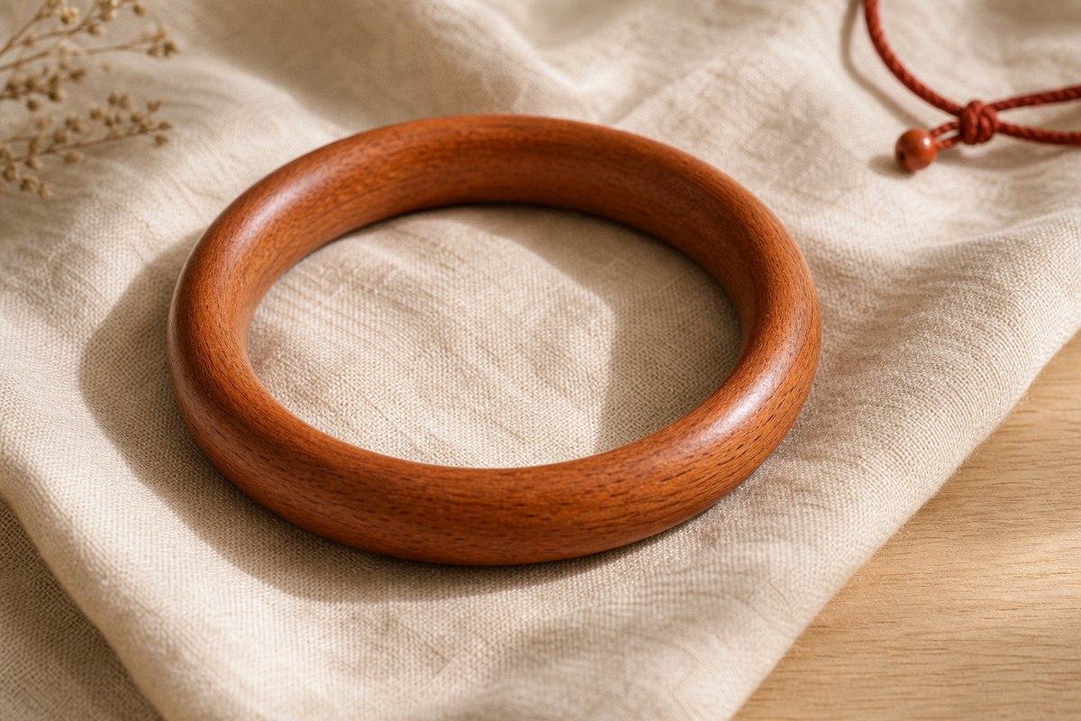 A smooth peach wood bracelet resting on soft ivory linen in warm natural light