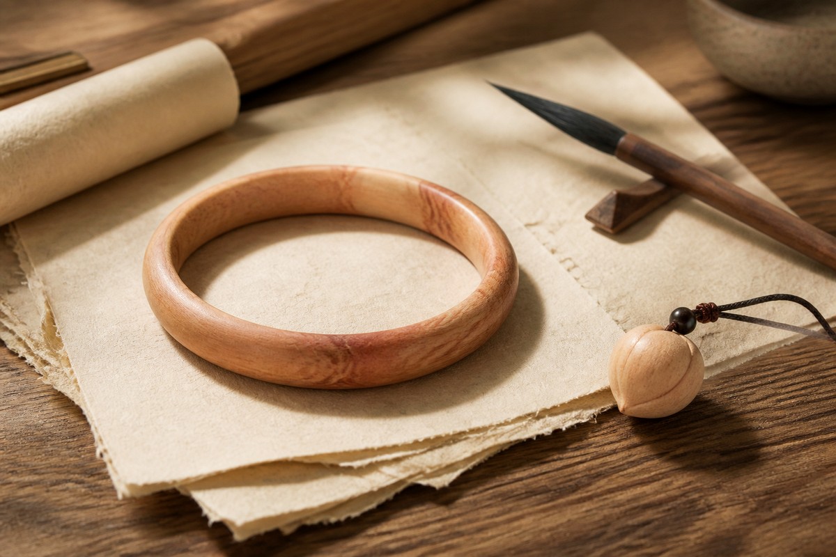 A peach wood bracelet with aged paper, a calligraphy brush, and a plain wooden charm on a clean desk
