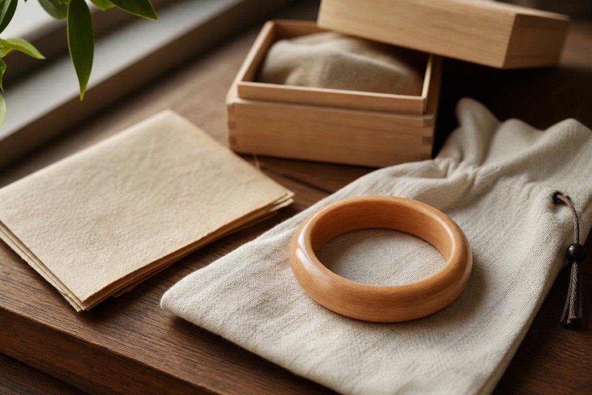 A peach wood bracelet beside a cream cloth pouch, folded parchment, and an unfinished wooden box