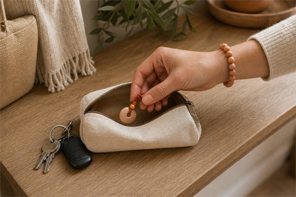 Adult placing a peach-wood bracelet and small keepsake into a closed travel pouch
