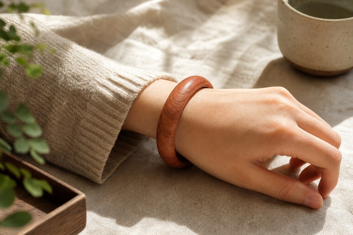 A peach wood bangle bracelet worn on a wrist with an oatmeal sleeve and soft linen
