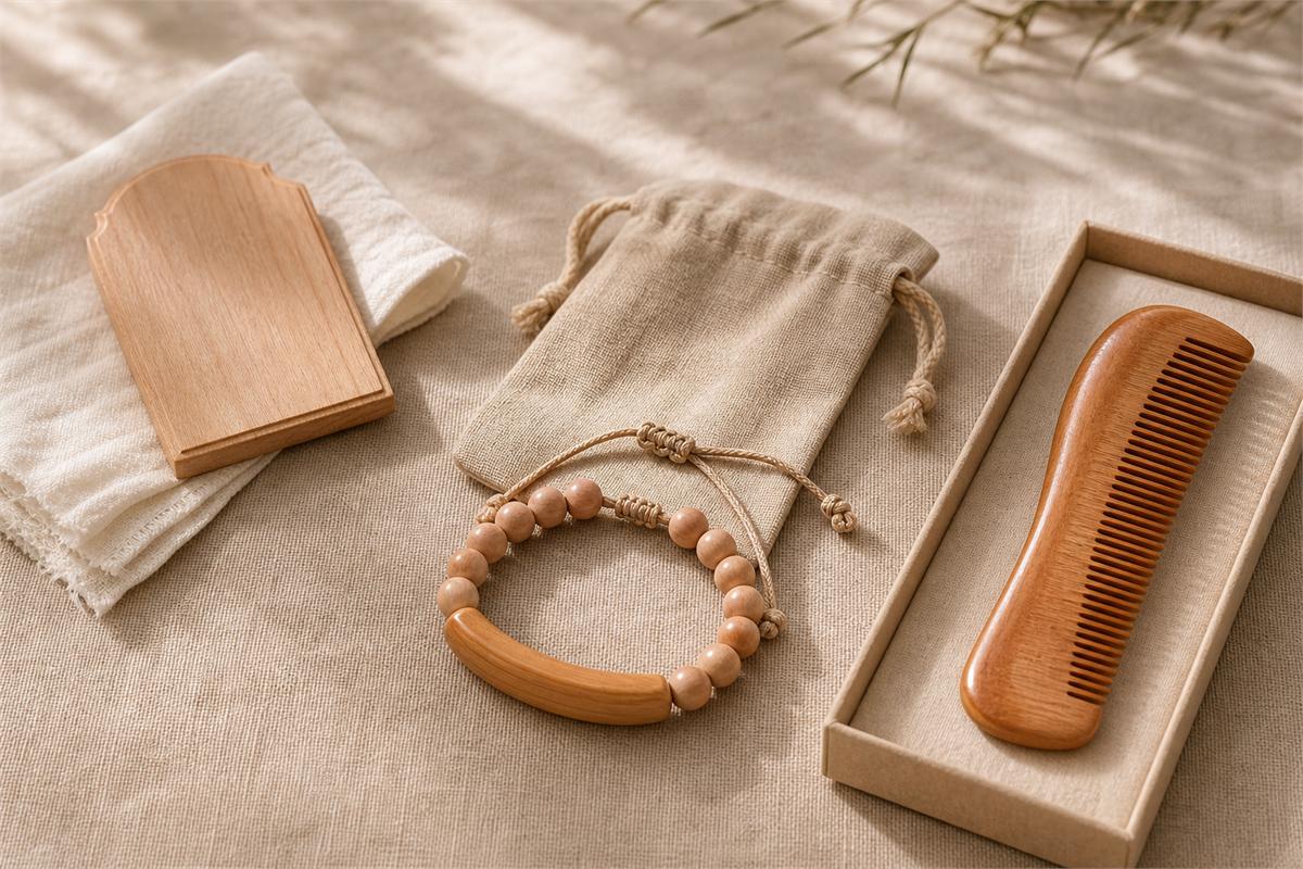Soft cloth beside unfinished, clear-coated, and glossy peach-wood objects kept away from water and sun