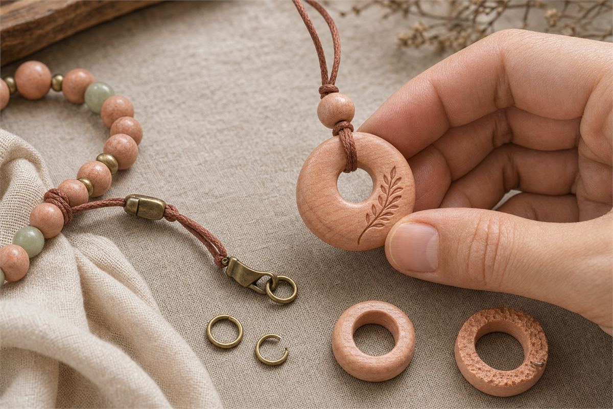 Hands checking carving edges, cord knots, bead holes, and metal connectors on peach-wood objects