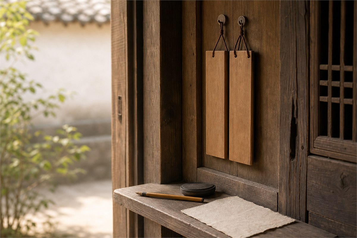 Plain peach-wood tablets beside a traditional Chinese doorway in restrained daylight