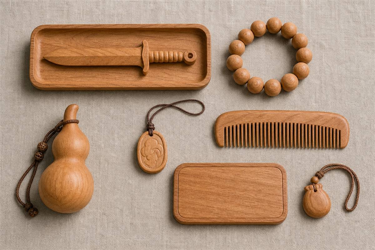 Peach-wood sword, bracelet, pendant, gourd, comb, and decorative carving displayed together