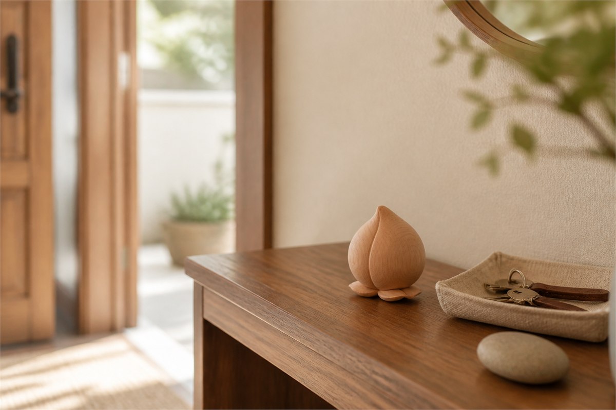 Carved peach-wood pendant resting beside a note about cultural symbolism
