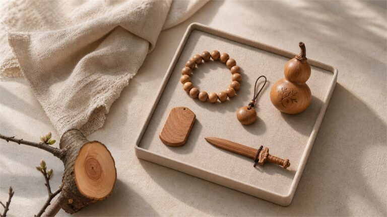 Peach-wood bracelet, carved pendant, comb, gourd, and decorative sword arranged on a warm neutral surface