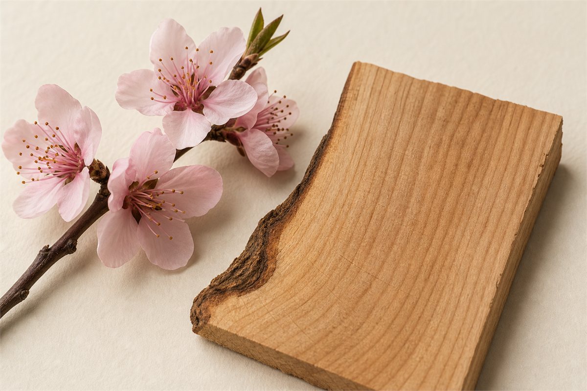 Close detail of peach blossom petals beside an unfinished peach wood sample with visible grain