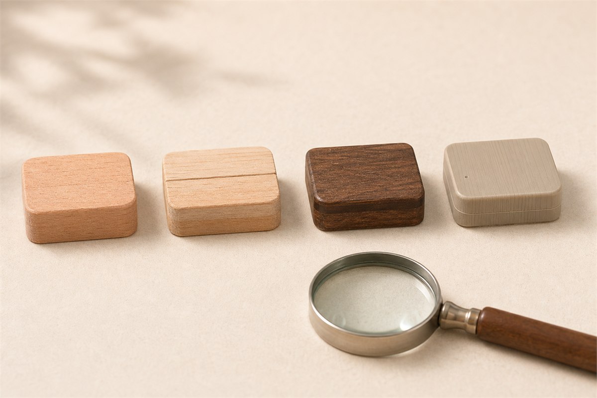 Solid wood, joined wood, dyed wood, resin, and coated samples viewed from front and edge