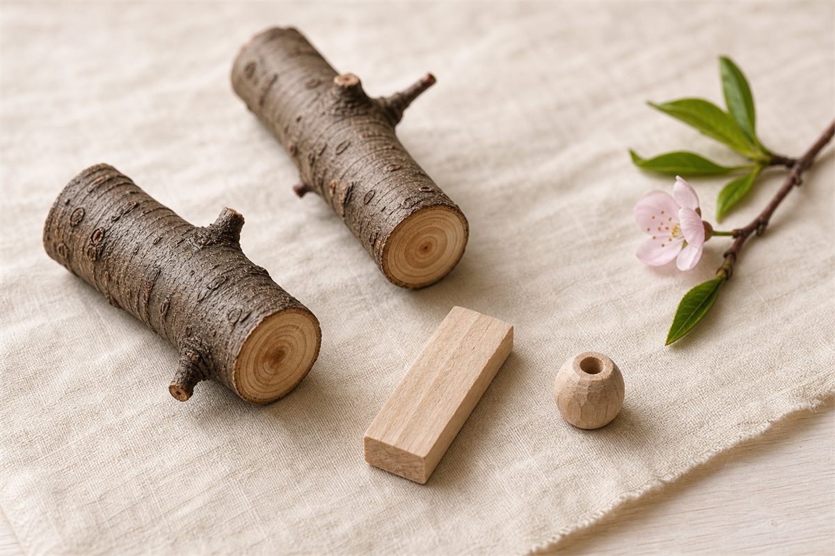 Cut peach branches, a small wood blank, and a carved sample showing natural color and grain variation