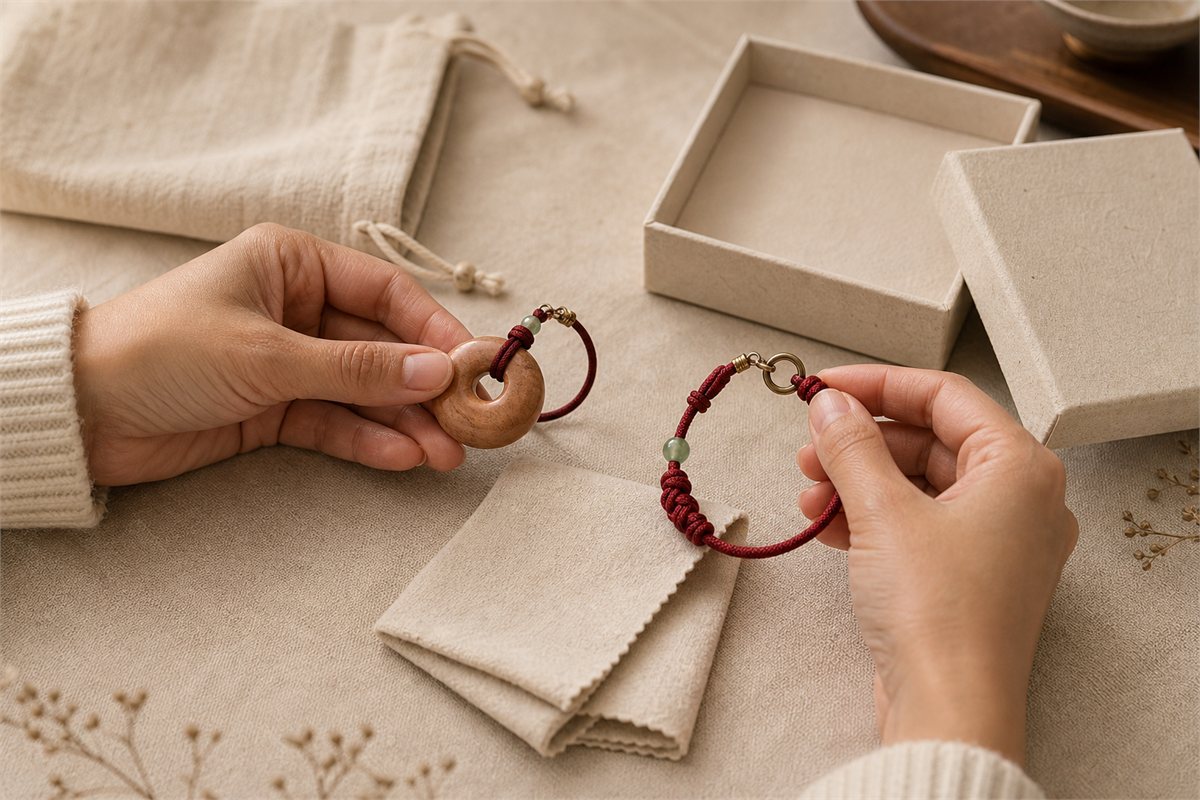 Adult reviewing peach-wood item edges, finish, clasp, dimensions, and packaging information