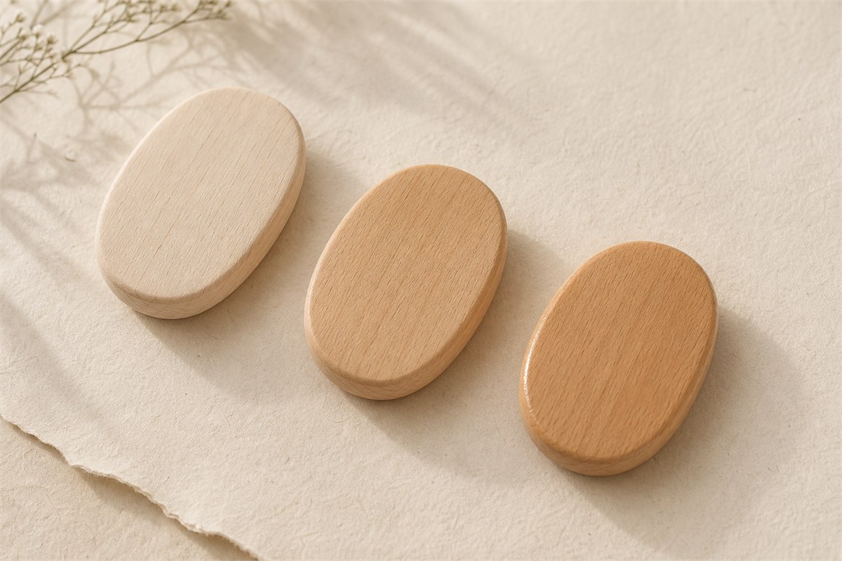 Three peach-wood samples with unfinished, clear-coated, and glossy tinted surfaces
