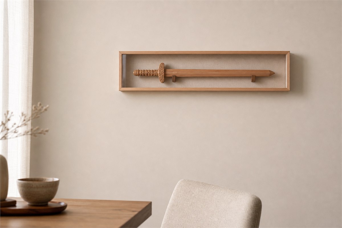 Decorative peach-wood sword secured horizontally on a high wall away from a doorway
