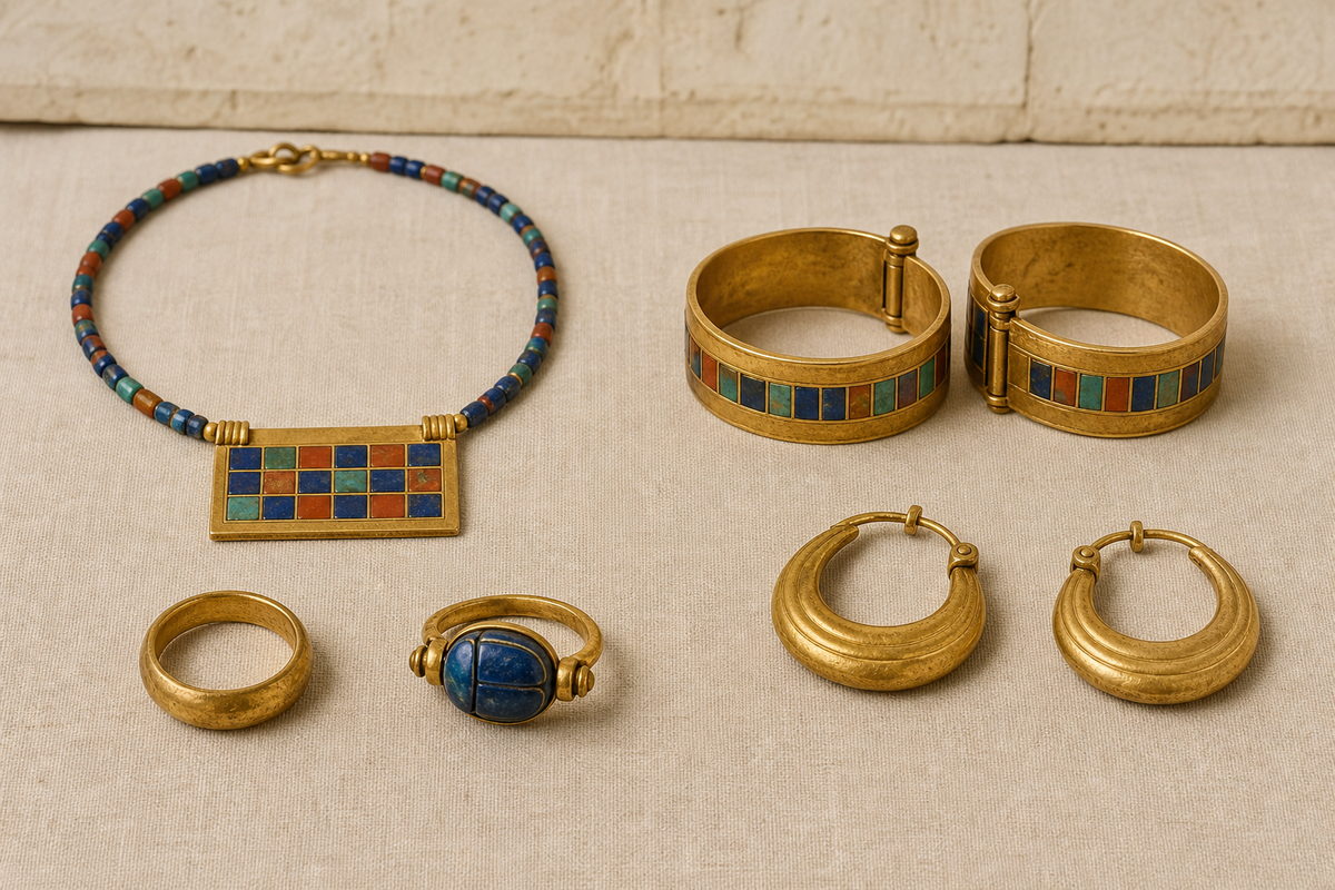 Geometric inlay pectoral, hinged gold bracelets, plain and scarab rings, and gold hoop earrings on linen