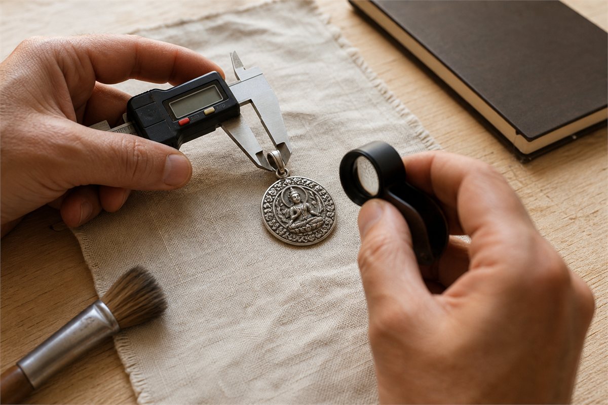 Hands using calipers and a loupe to inspect a silver bodhisattva pendant
