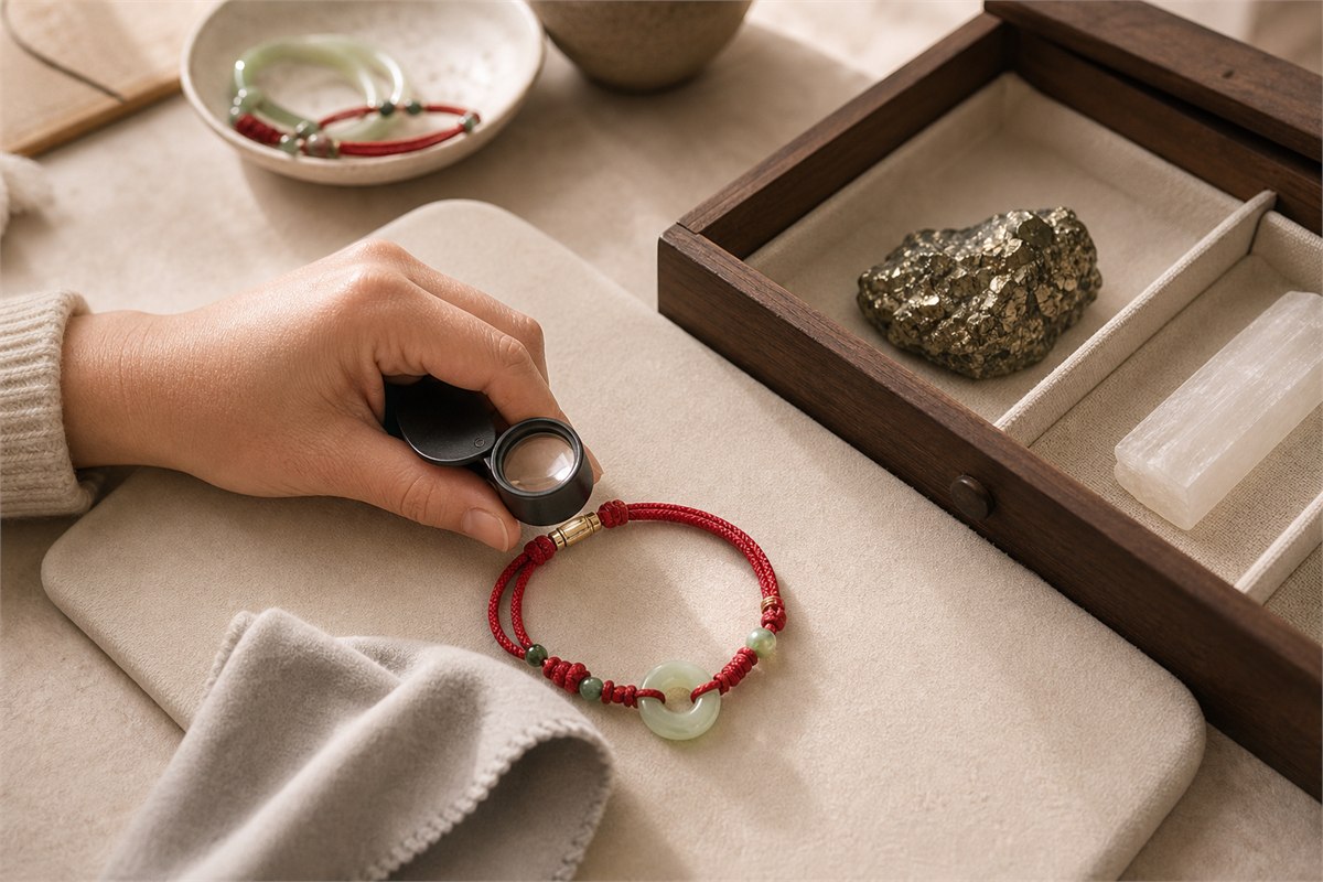 Hand using a loupe to inspect a red cord bracelet connector beside separately stored dry pyrite and selenite
