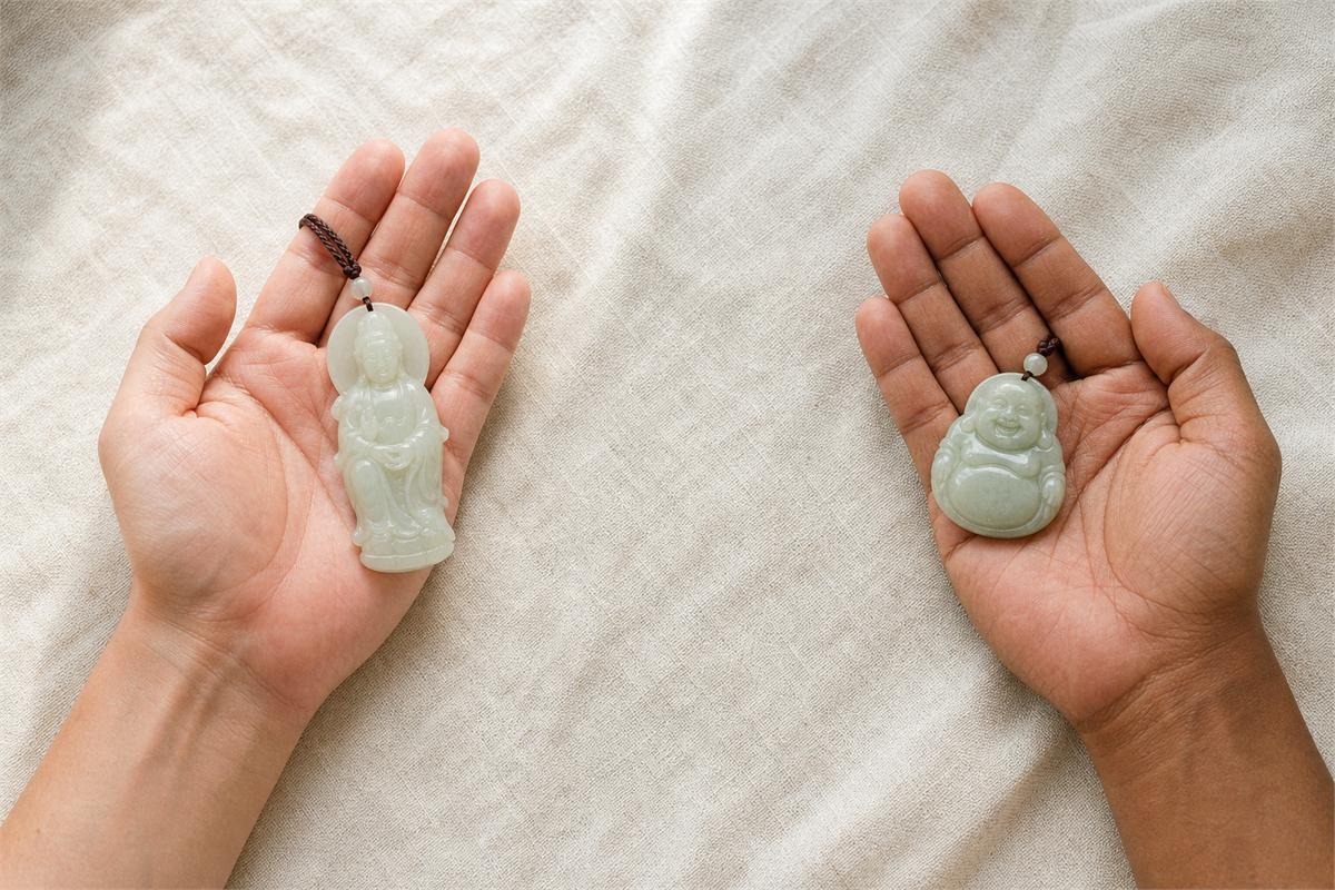 Two adult hands each holding a different jade pendant, Guanyin and smiling Budai
