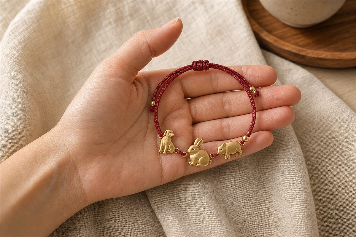 Hand holding a red cord bracelet with gold Dog, Rabbit, and Pig charms representing a family story