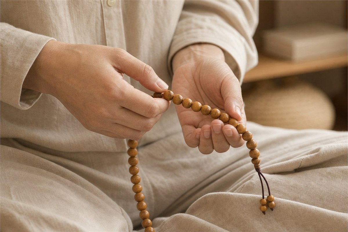 Calm hands moving natural Phoenix Eye Bodhi mala beads one by one during quiet practice