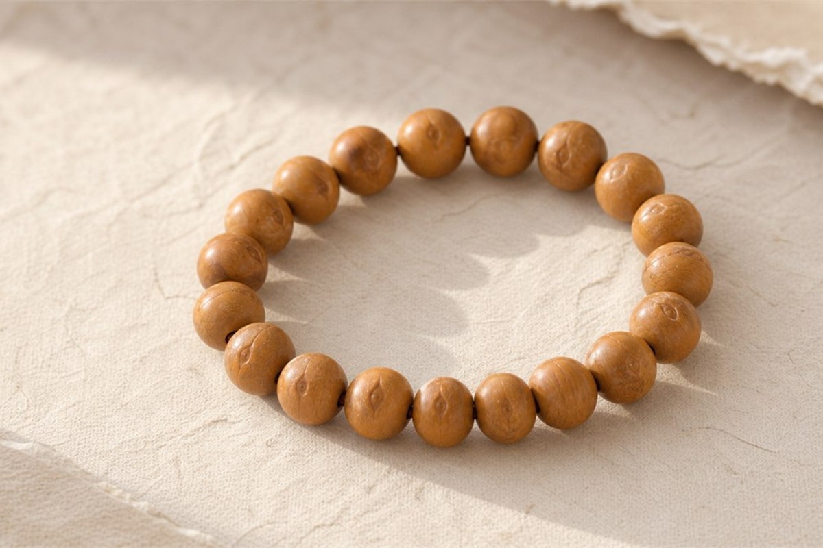 Natural Phoenix Eye Bodhi strand with slightly varied narrow eye seams and warm compact seed surfaces
