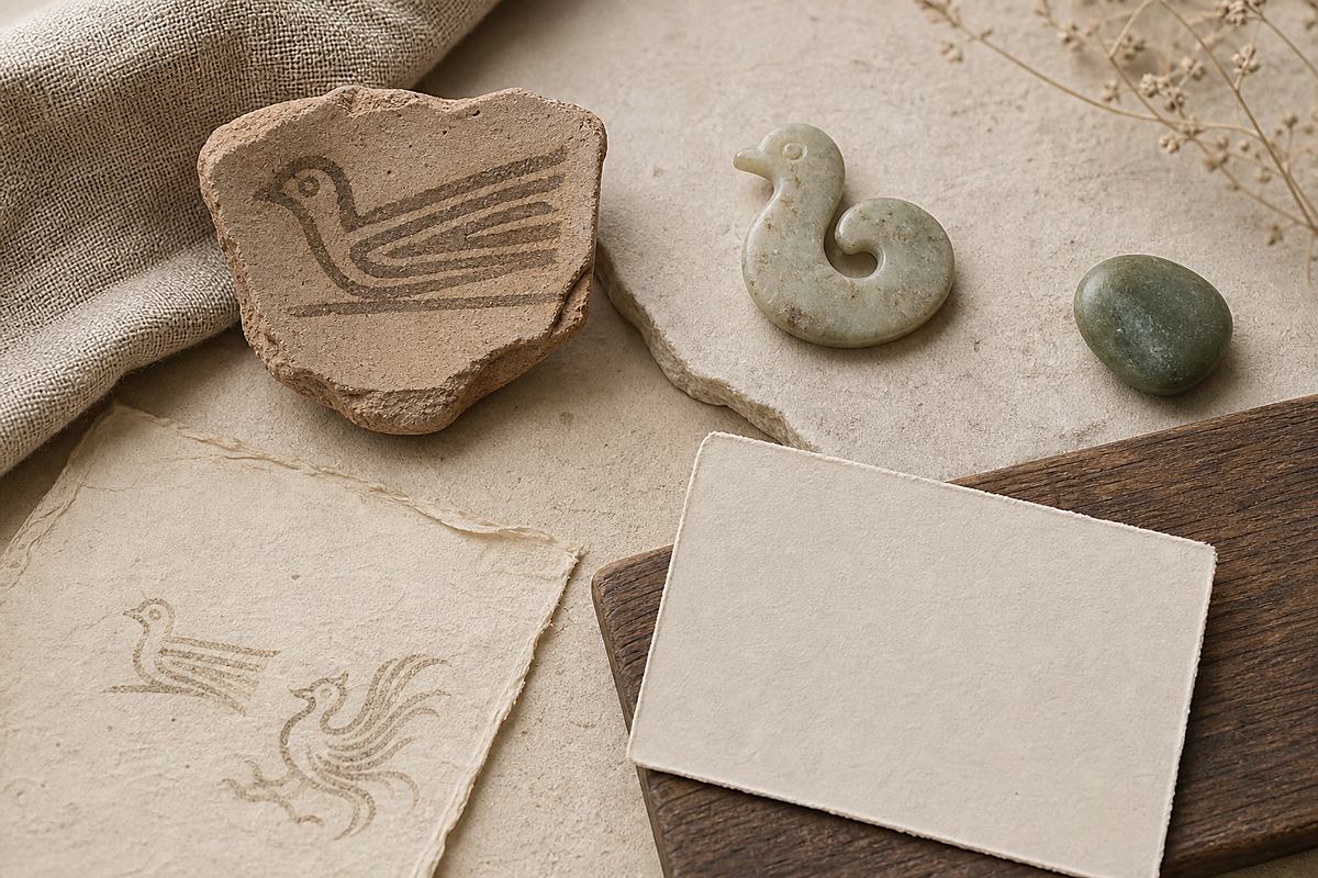 Pottery shard, carved stone bird token, jade pebble, and blank card for early phoenix motifs