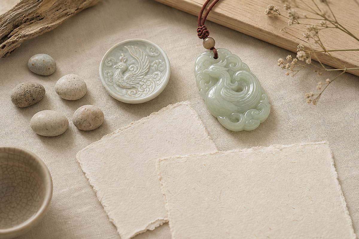 Jade phoenix charm, ceramic phoenix token, and blank paper cards for Chinese phoenix meaning