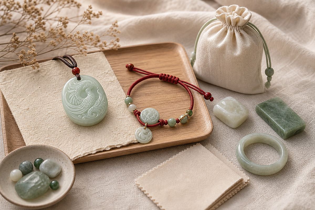 Phoenix pendant, bracelet charm, gift pouch, jade samples, and care cloth arranged on ivory linen