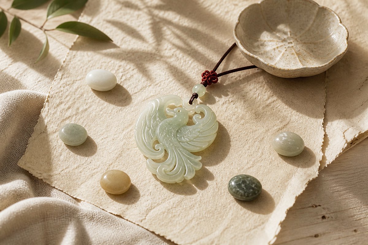 Jade phoenix pendant with five smooth stones and a small cinnabar knot on handmade paper