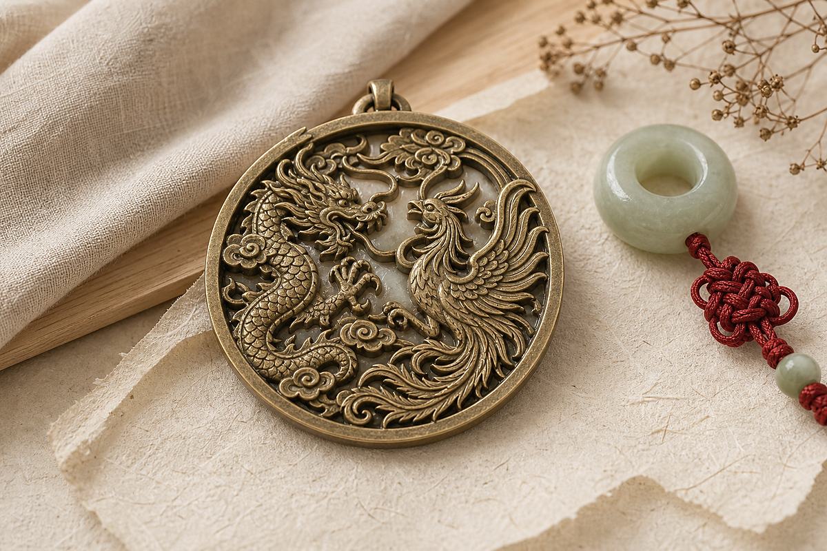 Round jade and brass charm with balanced dragon and phoenix motifs beside red cord and jade bead