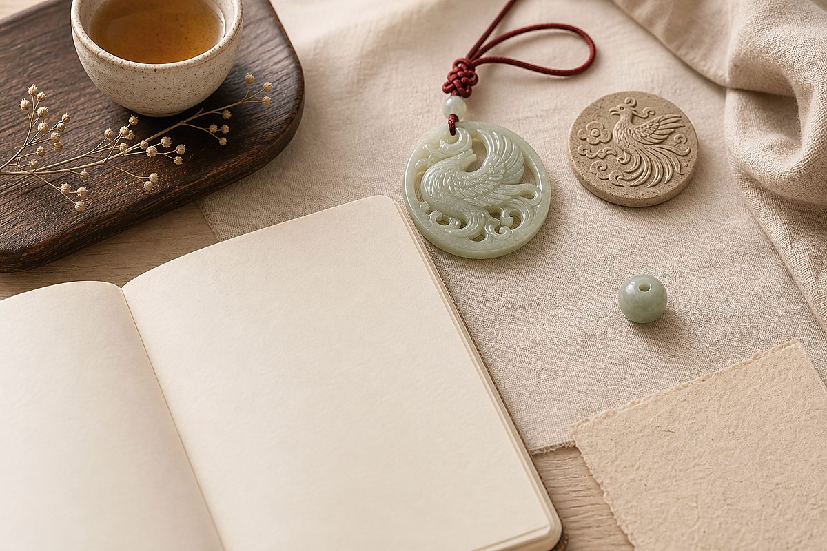 Jade phoenix charm, ceramic phoenix token, blank notebook pages, tea cup, and red cord