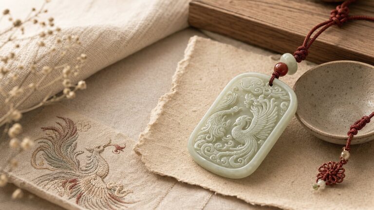 Jade phoenix pendant with red cord, handmade paper, and restrained Eastern craft details