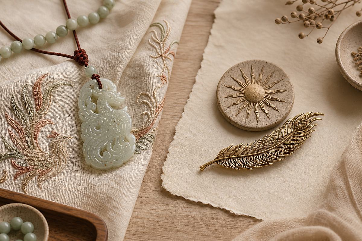 Jade Fenghuang motif and antique feather relief arranged in two quiet material groups